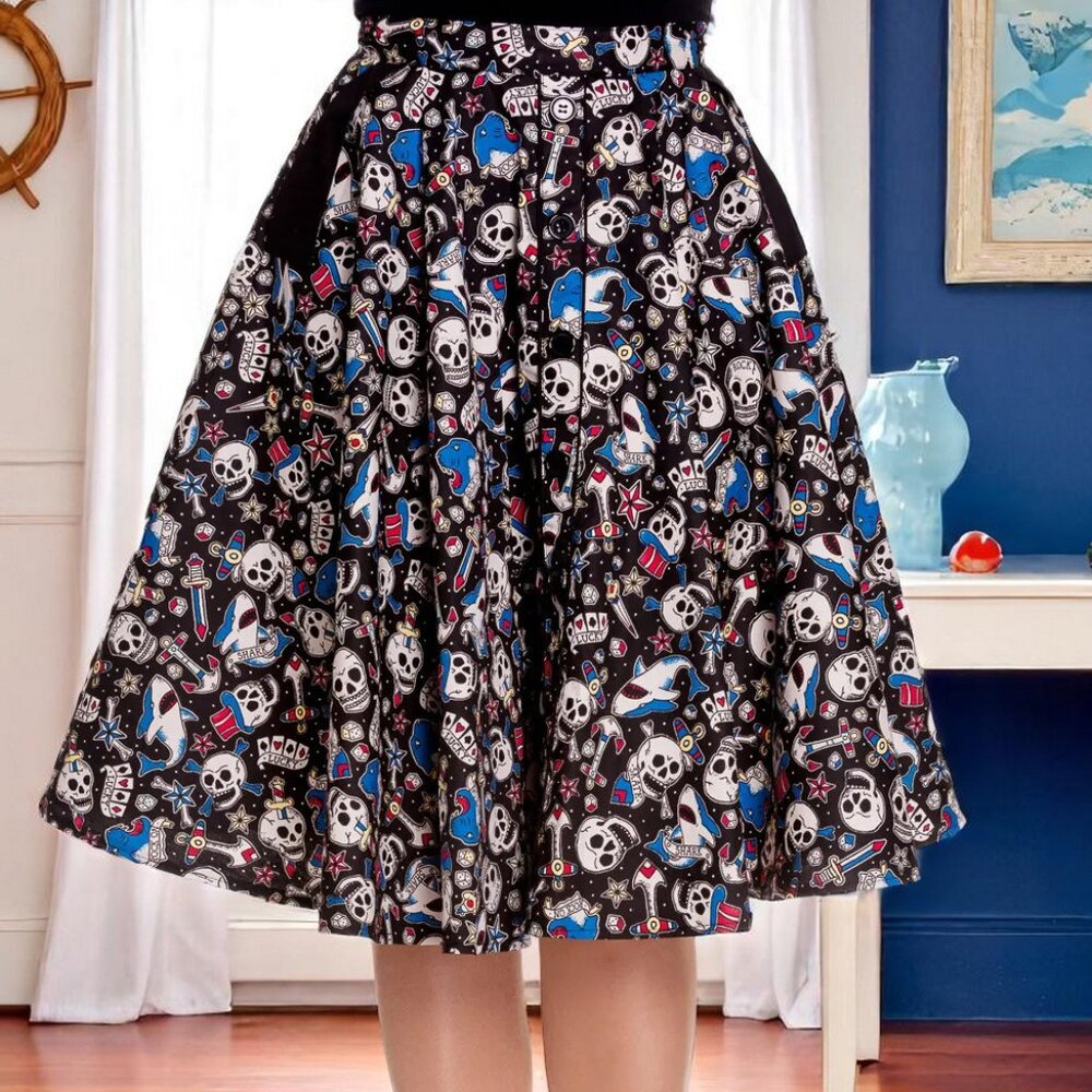 Hell Bunny Black Nautical Tattoo Flash Art Circle Skirt – Sharks, Anchors, Skull